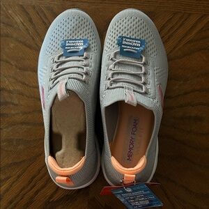 Women's Gray and Pink Memory Foam Sneakers, Skechers, size 6, wide.
